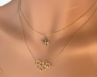 Double Layered Necklace, Honeycomb Necklace in Gold or Silver, Honey Bee Jewelry, Bridesmaid Gift, Minimalist Pendant, Bumblebee Charm