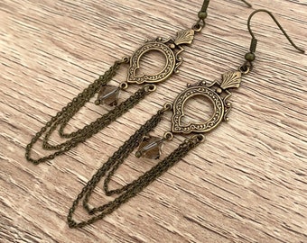 Brown Crystal Chandelier Earrings Anniversary Gifts for Her Statement Earrings Victorian Jewelry Dangle Bronze Earrings Long Chain Earrings