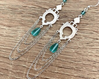 Aquamarine Chandelier Earrings, Anniversary Gifts for Women, Teardrop Long Victorian Statement Jewelry, Silver Dangle Chain Earrings