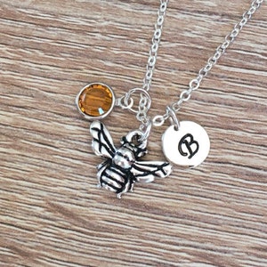Personalized Honey Bee Necklace Birthday Gift for Her November Birthstone Jewelry Silver Initial Citrine Necklace Topaz Charm Custom Pendant