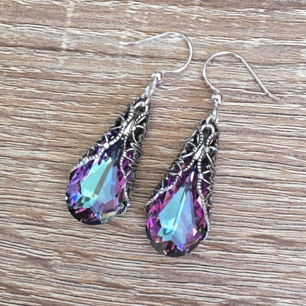 Lavender Drop Earrings Sterling Silver Ear Wires Girlfriend Gift For Women Silver Jewelry Filigree Earrings Purple Dangle Teardrop Earrings