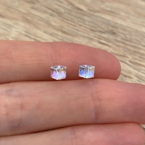 Sterling Silver Stud Earrings Minimalist Geometric Earrings Square 3D Cube Earrings Small Handmade Jewelry Rainbow Crystal Tiny Earrings image 3
