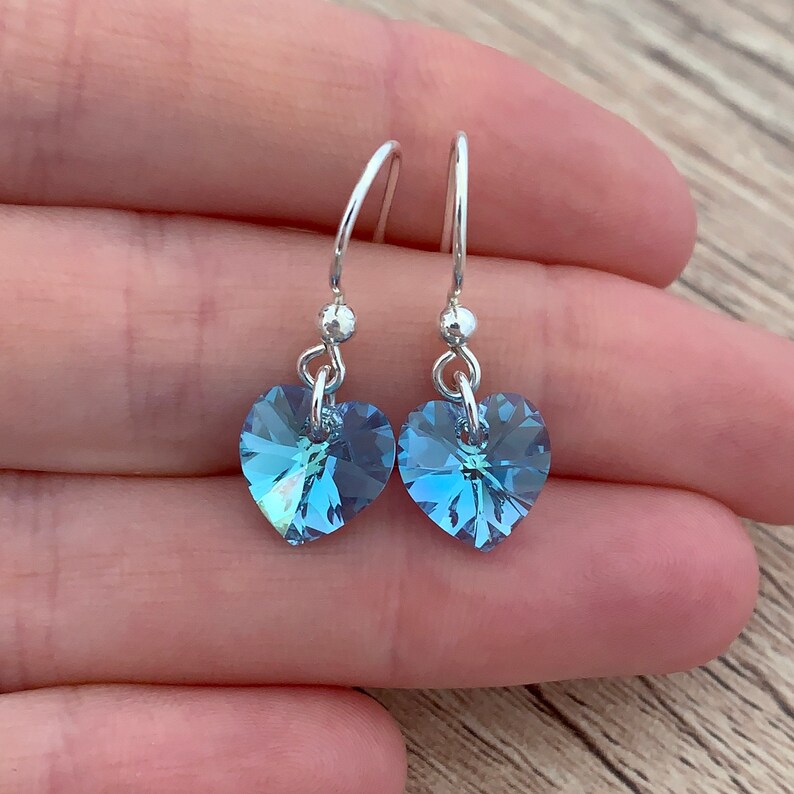 Crystal Aquamarine Earrings Dainty Sterling Silver Jewelry Mothers Day Gifts March Birthstone Jewelry Sky Blue Dangle Heart Drop Earrings image 3