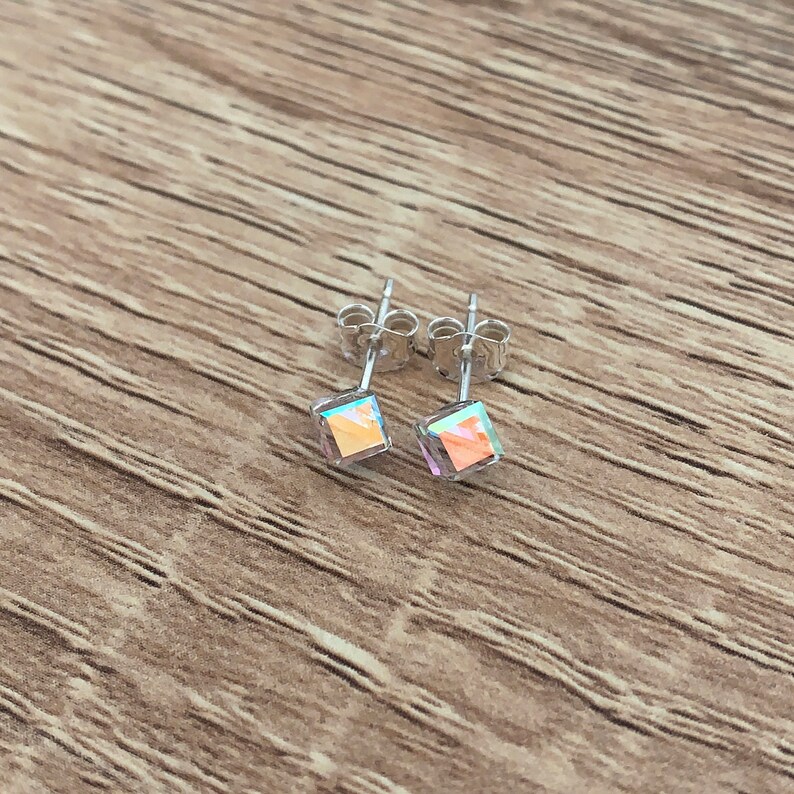Sterling Silver Stud Earrings Minimalist Geometric Earrings Square 3D Cube Earrings Small Handmade Jewelry Rainbow Crystal Tiny Earrings image 4