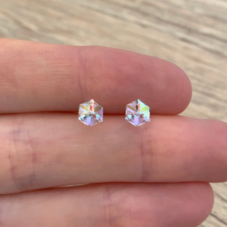 Sterling Silver Stud Earrings Minimalist Geometric Earrings Square 3D Cube Earrings Small Handmade Jewelry Rainbow Crystal Tiny Earrings image 8