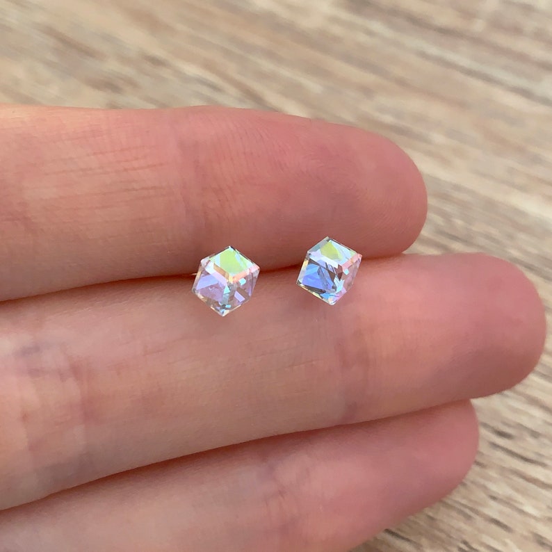 Sterling Silver Stud Earrings Minimalist Geometric Earrings Square 3D Cube Earrings Small Handmade Jewelry Rainbow Crystal Tiny Earrings image 5