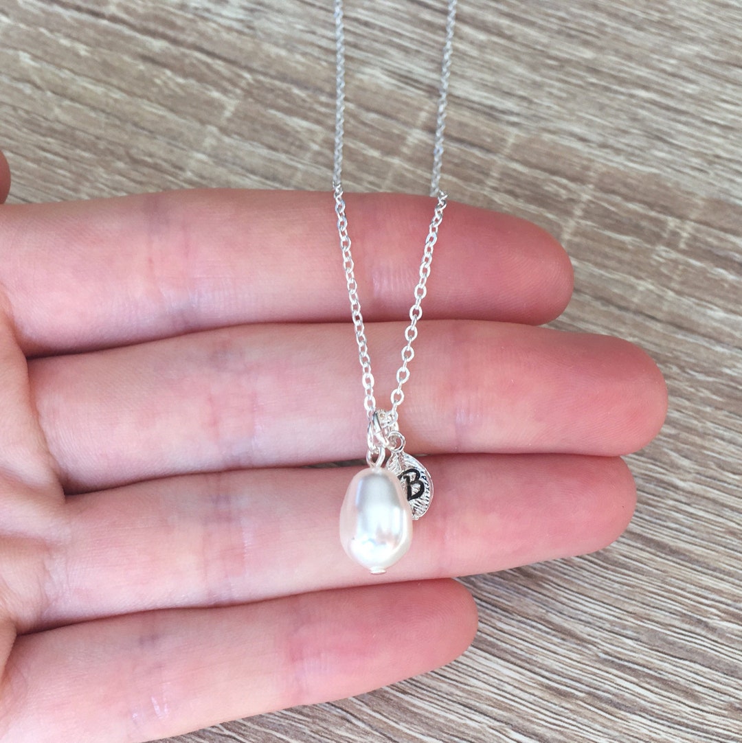 White Teardrop Pearl Necklace Sterling Silver Chain Personalized Gift for Women Custom Letter