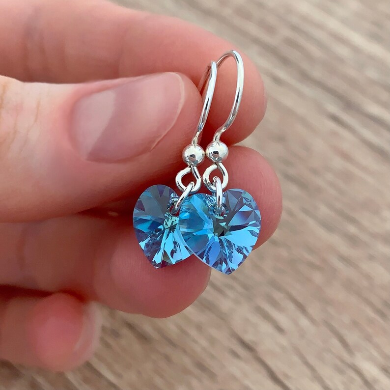 Crystal Aquamarine Earrings Dainty Sterling Silver Jewelry Mothers Day Gifts March Birthstone Jewelry Sky Blue Dangle Heart Drop Earrings image 1