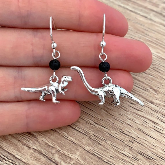 Lava Bead Dinosaur Earrings Unique Mismatched Earrings