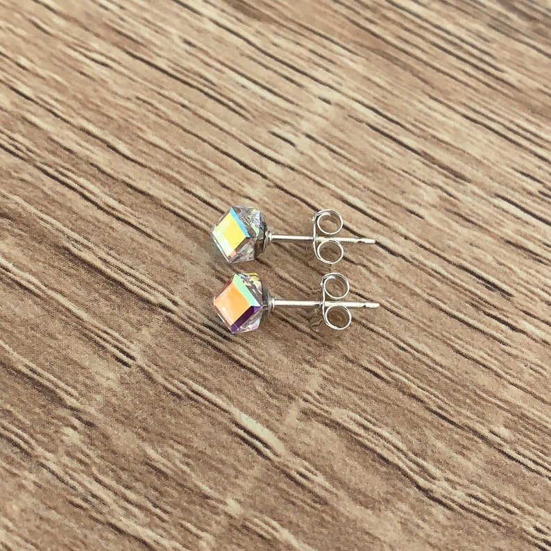 Sterling Silver Stud Earrings Minimalist Geometric Earrings Square 3D Cube Earrings Small Handmade Jewelry Rainbow Crystal Tiny Earrings image 6