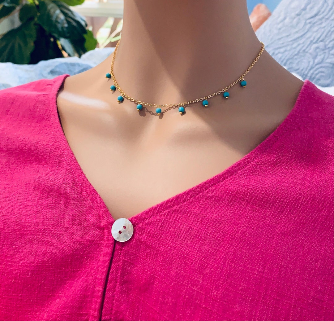 Turquoise Station Necklace Boho Jewelry Gold Chain Choker Necklace