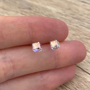 Sterling Silver Stud Earrings Minimalist Geometric Earrings Square 3D Cube Earrings Small Handmade Jewelry Rainbow Crystal Tiny Earrings image 9