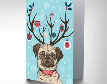 Pug Christmas Card / Cute Dog / Antlers / Xmas - CP3072
