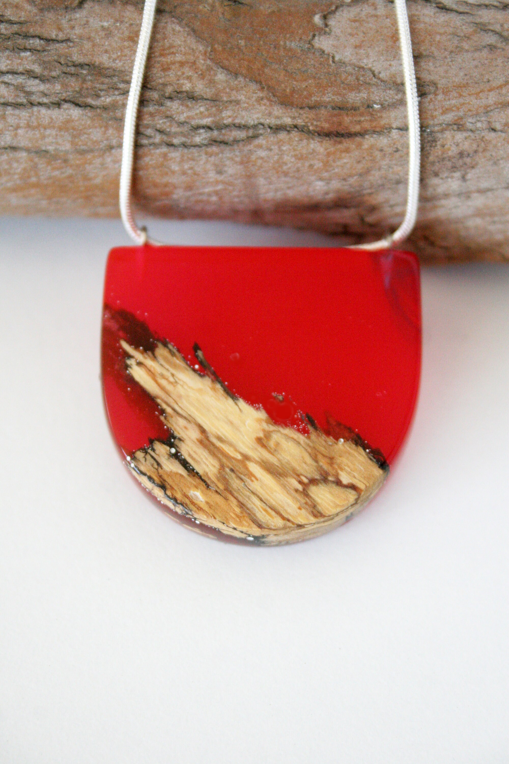 Red Resin Necklace Geometric Necklace Resin Wood Pendant Etsy