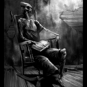 May include: A grayscale illustration of a skeleton seated in a wooden rocking chair, engrossed in a book. The scene is set in a dimly lit, aged room with peeling walls and a wooden floor, creating a haunting atmosphere.