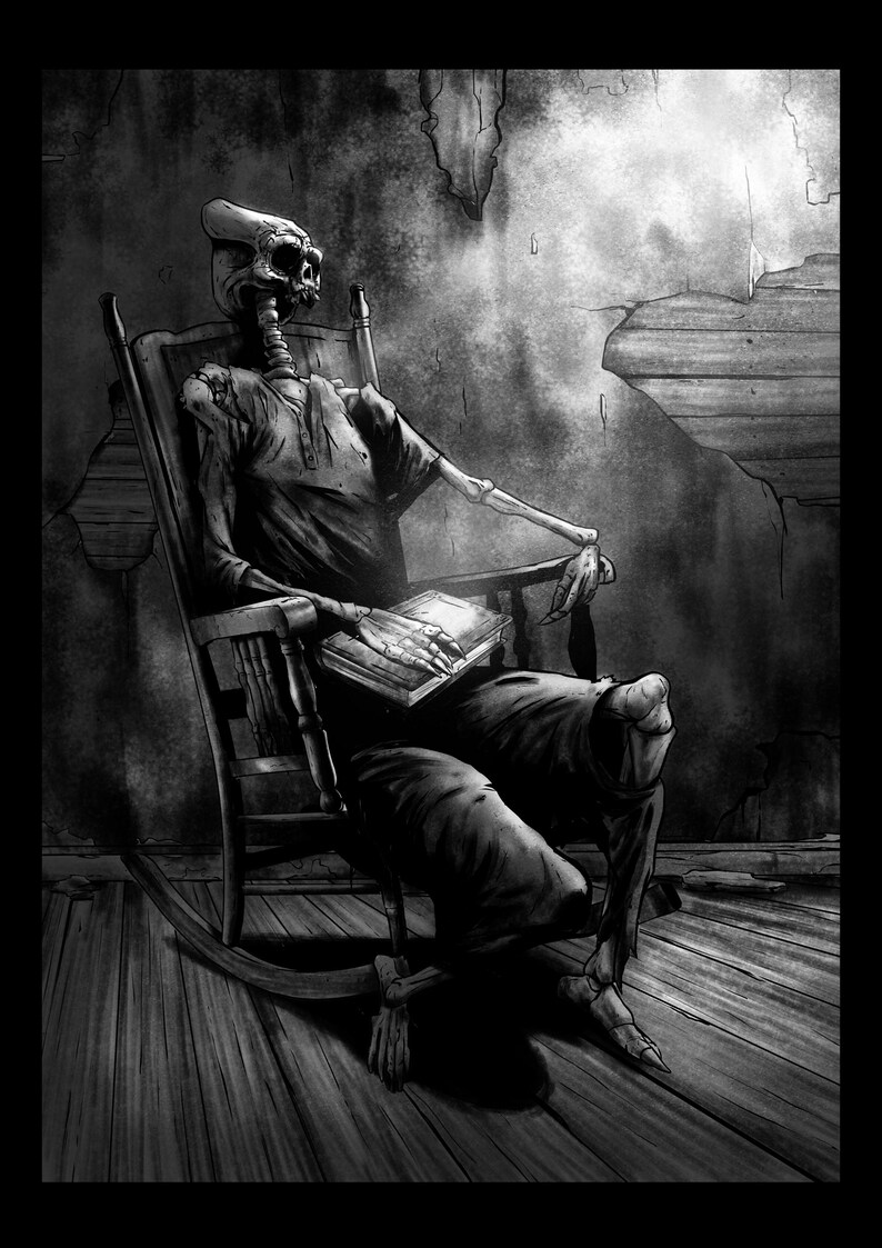May include: A grayscale illustration of a skeleton seated in a wooden rocking chair, engrossed in a book. The scene is set in a dimly lit, aged room with peeling walls and a wooden floor, creating a haunting atmosphere.