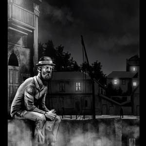 May include: Black and white illustration of a man in a hat and suit sitting on a wall, holding a book. The scene is set in a dark, urban environment with buildings and a crane in the background. The image has a vintage, noir style.