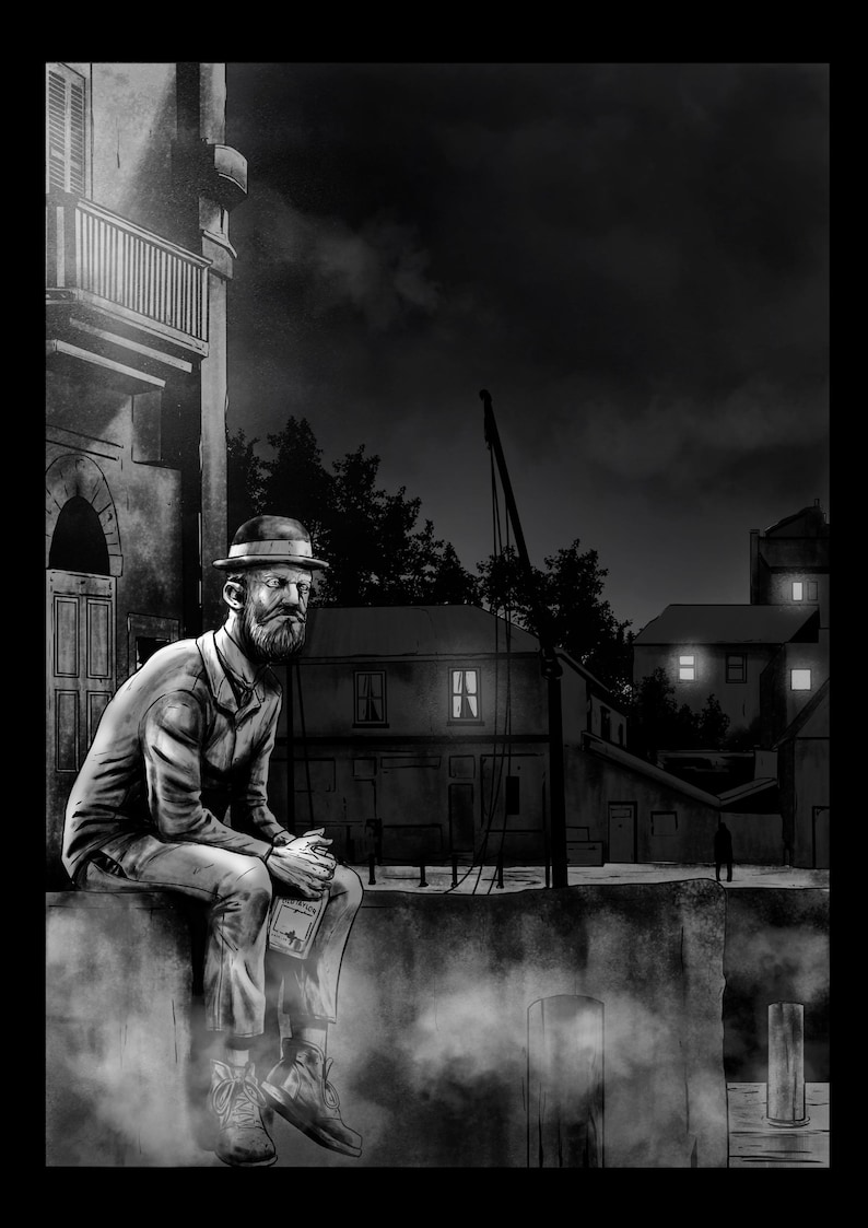 May include: Black and white illustration of a man in a hat and suit sitting on a wall, holding a book. The scene is set in a dark, urban environment with buildings and a crane in the background. The image has a vintage, noir style.