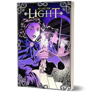 May include: A book cover with a purple and black illustration of a woman holding candles in front of a mirror. The title of the book is "At Last, The Light".