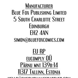 May include: Text on a white background, including "GPSR INFORMATION," manufacturer details for Blue Fox Publishing Limited, and EU RP information for EUCOMPLY O&Uuml;, with contact emails and a phone number.