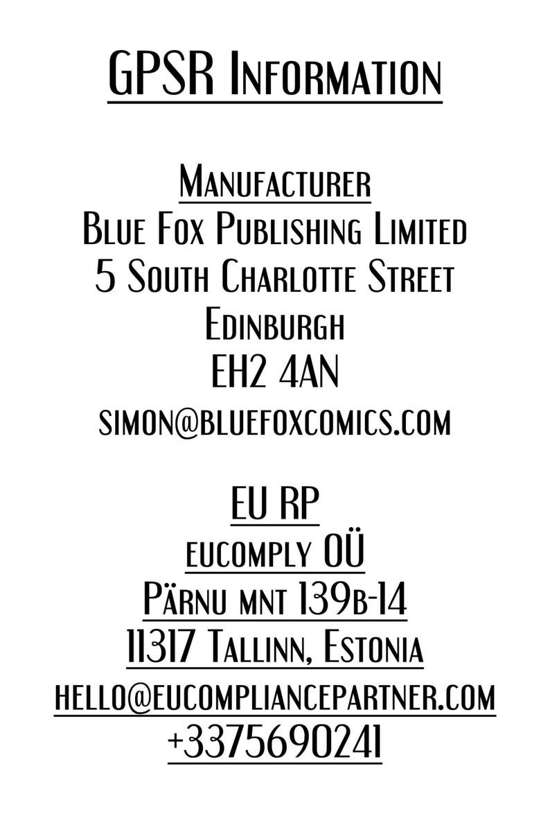 May include: Text on a white background, including "GPSR INFORMATION," manufacturer details for Blue Fox Publishing Limited, and EU RP information for EUCOMPLY O&Uuml;, with contact emails and a phone number.