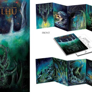 May include: A multi-panel game screen and a book with the title "The Call of Cthulhu" are displayed. The artwork features a dark, aquatic theme with a lighthouse, tentacles, and a creature. The front panel reads "The Lovecraft's The Call of Cthulhu".