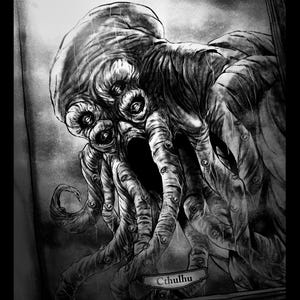May include: Black and white illustration of Cthulhu, a monstrous entity with multiple eyes and tentacles, from a book. The artwork is detailed, with shading and texture. The word "Cthulhu" is written on a banner.