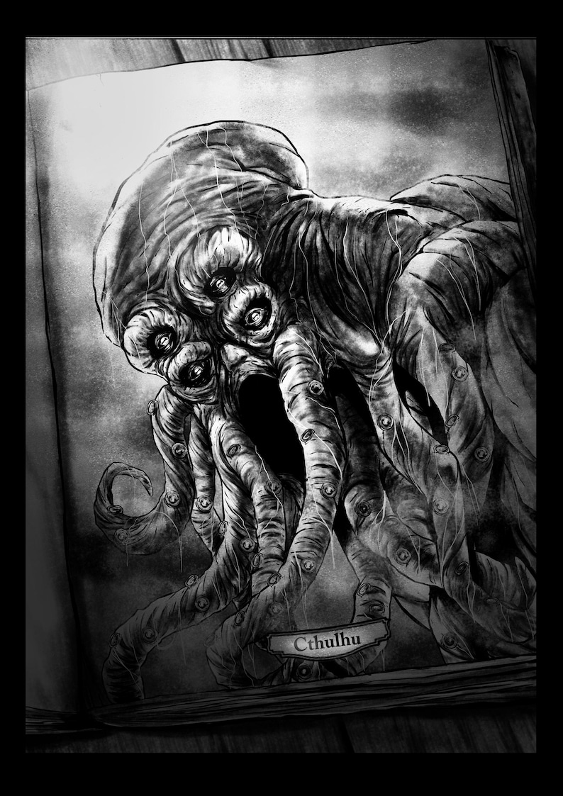 May include: Black and white illustration of Cthulhu, a monstrous entity with multiple eyes and tentacles, from a book. The artwork is detailed, with shading and texture. The word "Cthulhu" is written on a banner.