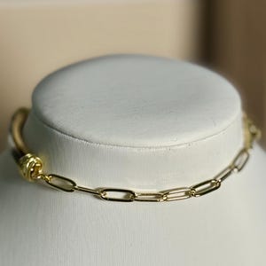 May include: A gold-toned chain necklace with a leather cord and a decorative knot. The necklace is displayed on a white bust, showcasing its design and craftsmanship. The chain links are rectangular.