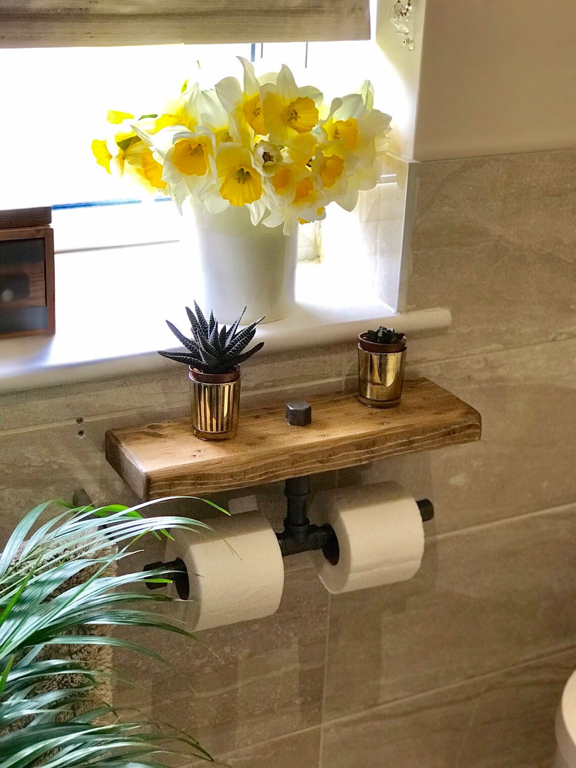 Toilet Roll Holder With Shelf Double Solid Wood & IronToilet Etsy