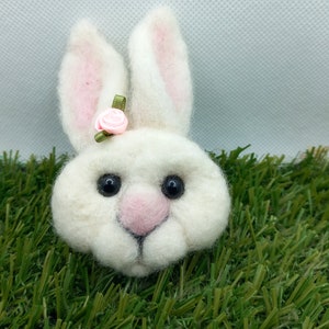 Needle Felted Bunny Brooch: White Rabbit Pin with Pink Flower