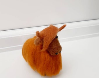Needle felted highland cow handmade soft sculpture cow ornament brown felt farm animal.