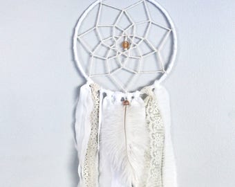 Mini dreamcatcher with large feather, white, beige, unique dreamcatcher, boho wall decor, nursery decor, small gift, boho chic