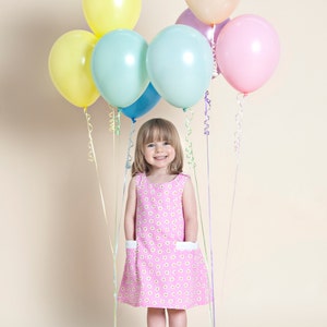 Pink Floral Retro Girls Dress With White Pocket Tabs image 1