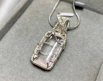 Rose Quartz Pendant , Natural Rose Quartz Sterling Silver Wire Wrapped Pendant , Natural Quartz