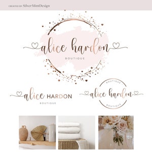 May include: A logo design for a boutique called "alice hardon" with a pink watercolor background and gold glitter accents. The logo is surrounded by a circle of gold stars and hearts. The text "BOUTIQUE" is written below the name.