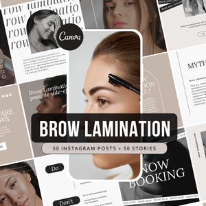 May include: A promotional image for brow lamination services. The image features a woman's face with a close-up of her eyebrow being brushed. Text includes "BROW LAMINATION" and "50 INSTAGRAM POSTS + 50 STORIES".