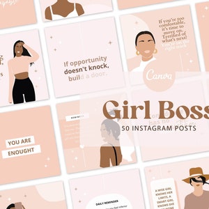 May include: A collection of 50 Instagram post templates for girl bosses. The templates feature illustrations of women with empowering quotes like "I'm building a brand, I'm always busy" and "If opportunity doesn't knock, build a door."