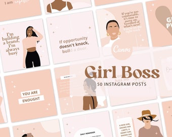 May include: A collection of 50 Instagram post templates for girl bosses. The templates feature illustrations of women with empowering quotes like "I'm building a brand, I'm always busy" and "If opportunity doesn't knock, build a door."