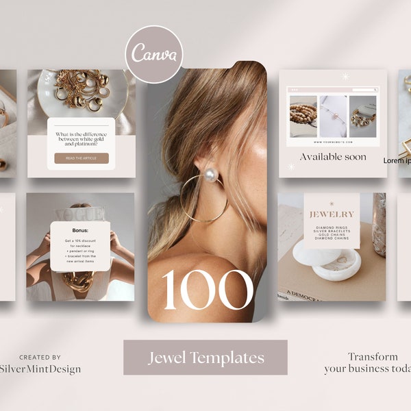 100 JEWELRY Branding INSTAGRAM Post TEMPLATE – Digital Download Jewelry Canva Bundle And Branding Kit