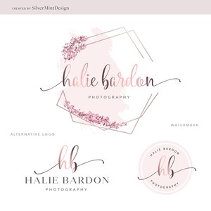 Premade photography watercolor logo design, Custom watermark, logo Boutique branding package, Template rose gold logo branding