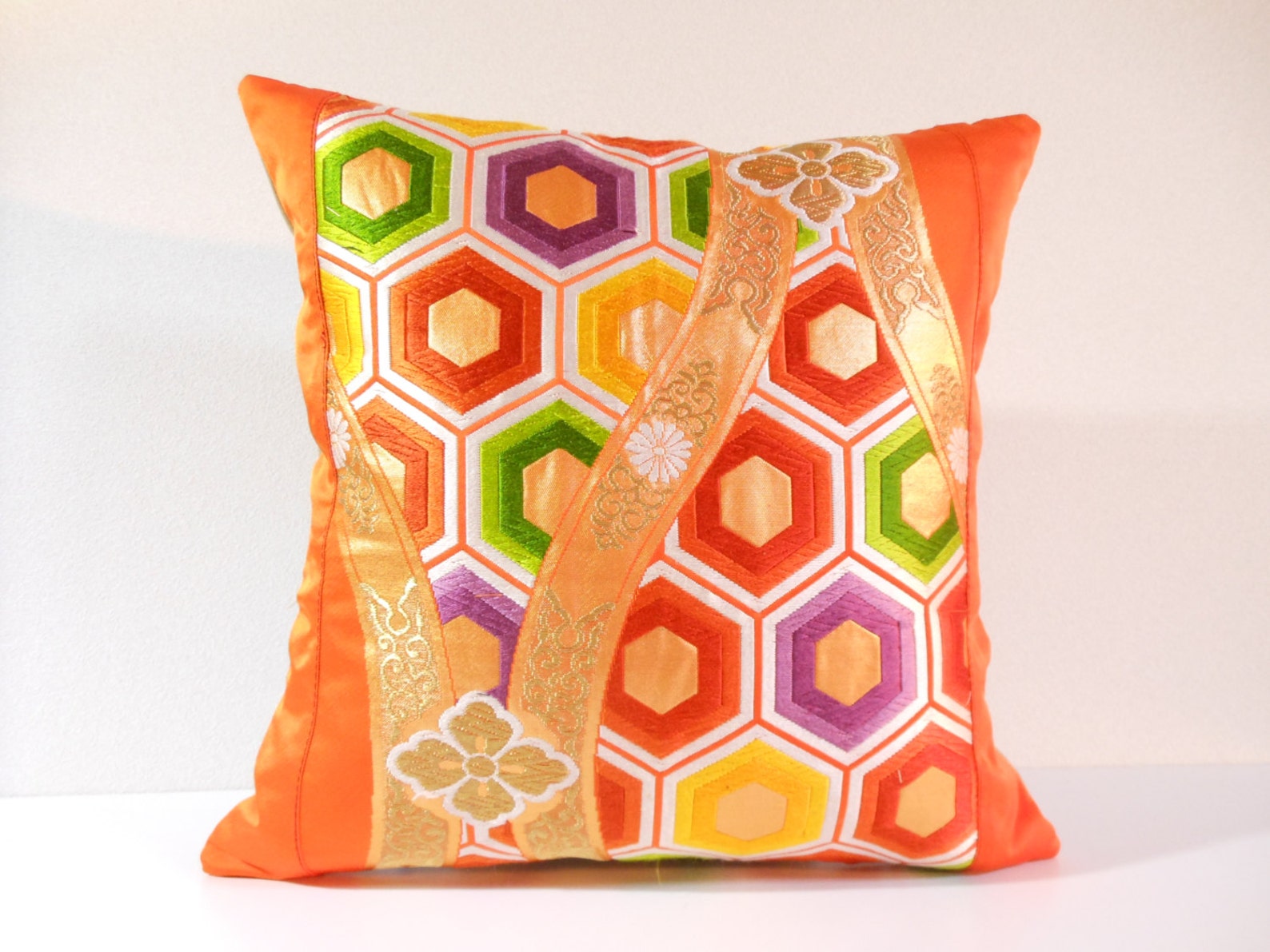 Japanese Silk Kimono Obi Pillow 453 decorative pillow 16x16 ,accent