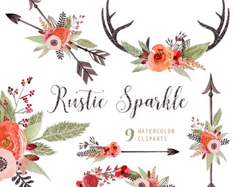 Rustic Sparkle Watercolor Bouquets, Wreath, Antlers, Arrows hand painted clipart, floral wedding invite, greeting card, diy