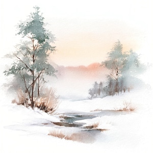 Può includere: Dipinto ad acquerello di un paesaggio invernale con neve e alberi. Un ruscello scorre attraverso la neve e il cielo ha morbide tonalità arancioni e rosa. L'opera d'arte ha un'atmosfera serena e pacifica.
