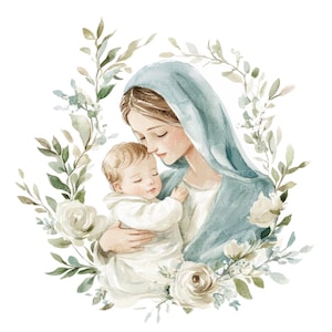16 Maagd Maria met baby Jezus Clipart l Religieus ontwerp l JPG digitale download l Afdrukbare aquarel clipart l Junk Journal l Paper Craft