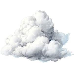 Puede incluir: Ilustración en acuarela de una nube blanca y esponjosa con bordes suaves y texturizados. La nube tiene sutiles sombras grises y azules, lo que le da profundidad y dimensión. La imagen tiene el texto "FLAX & FOX".