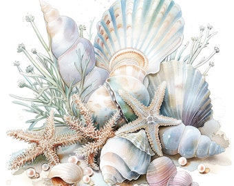 12 Seashell Clipart l Sea Shells Coral l JPG Digital Download l Printable Watercolor Clipart l Junk Journal l Paper Craft