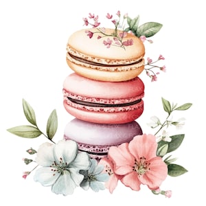 16 macarons clipart l Bloemen dessert l JPG digitale download l Afdrukbare aquarel clipart l Junk Journal l Paper Craft