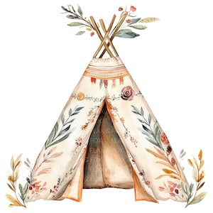 10 Boho Tipy Tent Clipart l Boho Camping l JPG Digital Download l Printable Watercolor Clipart l Junk Journal l Paper Craft