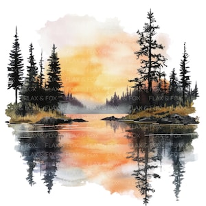 17 Moody Lake zonsondergang Clipart l Kalm waterlandschap l JPG digitale download l Afdrukbare aquarel clipart l Junk Journal l Paper Craft